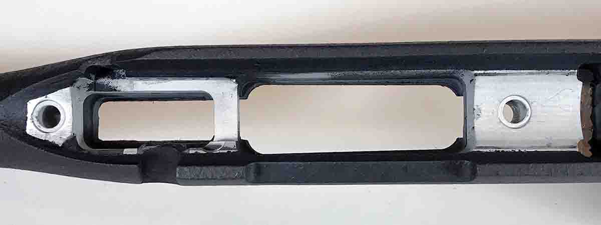 The synthetic stock incorporates an aluminum action bedding frame fitted to each action.
